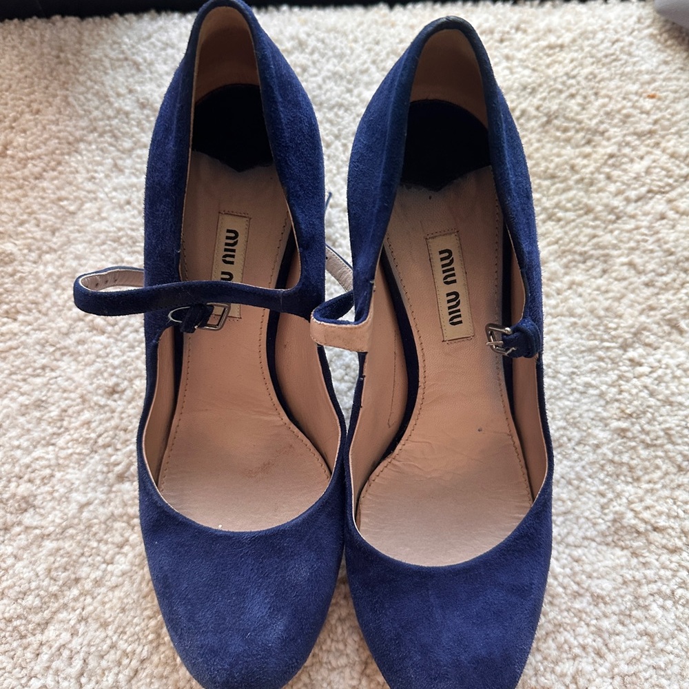 Miu Miu Blue Suede Heels with sparkling bottom